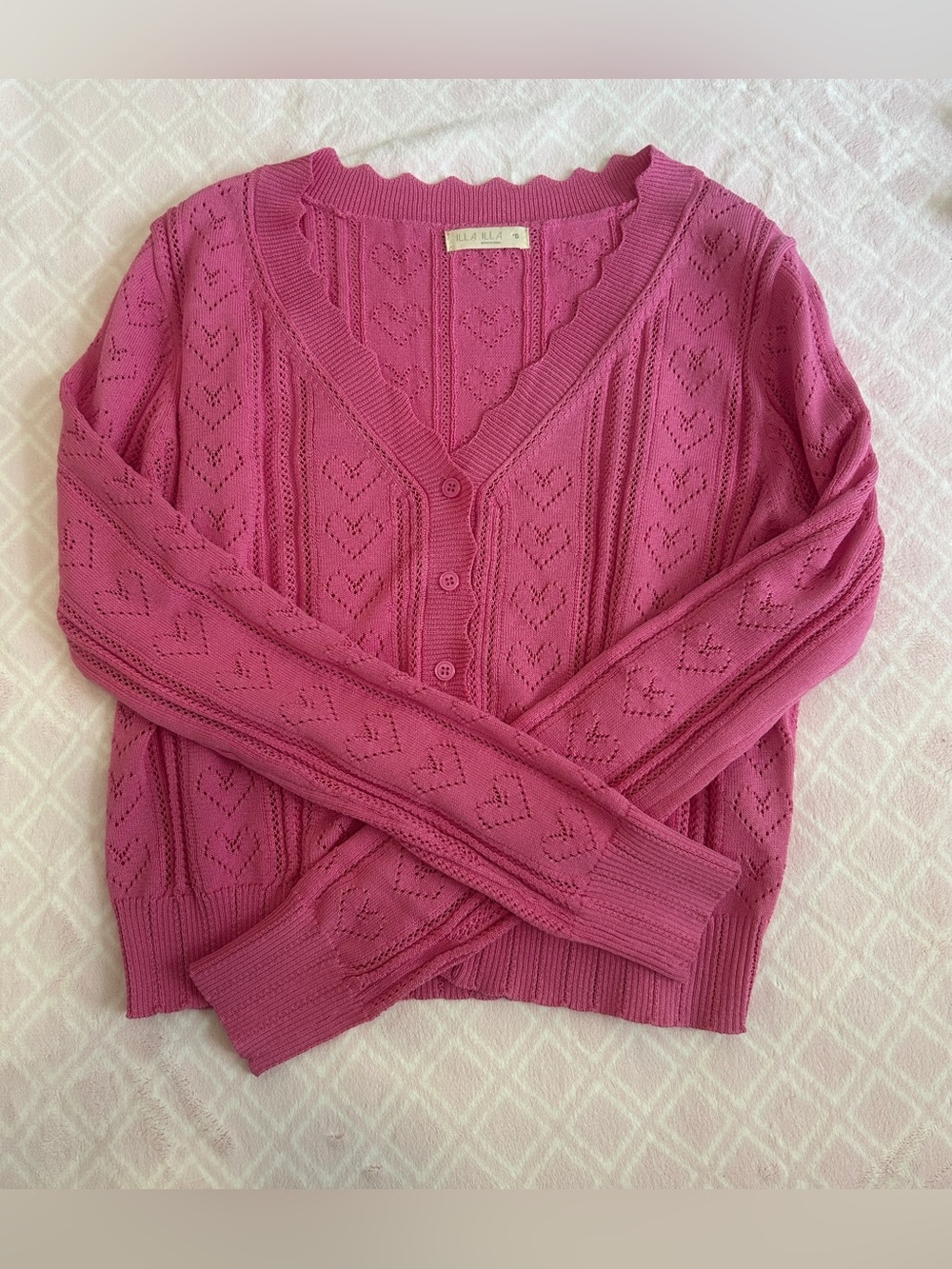 Hot Pink Scallop-Edge Openwork Button Cardigan